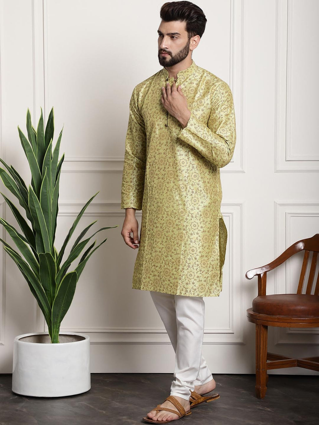 Sojanya Men Lime Green Ethnic Motifs Printed Kurta with Pyjamas & Nehru Jacket | Grocsy