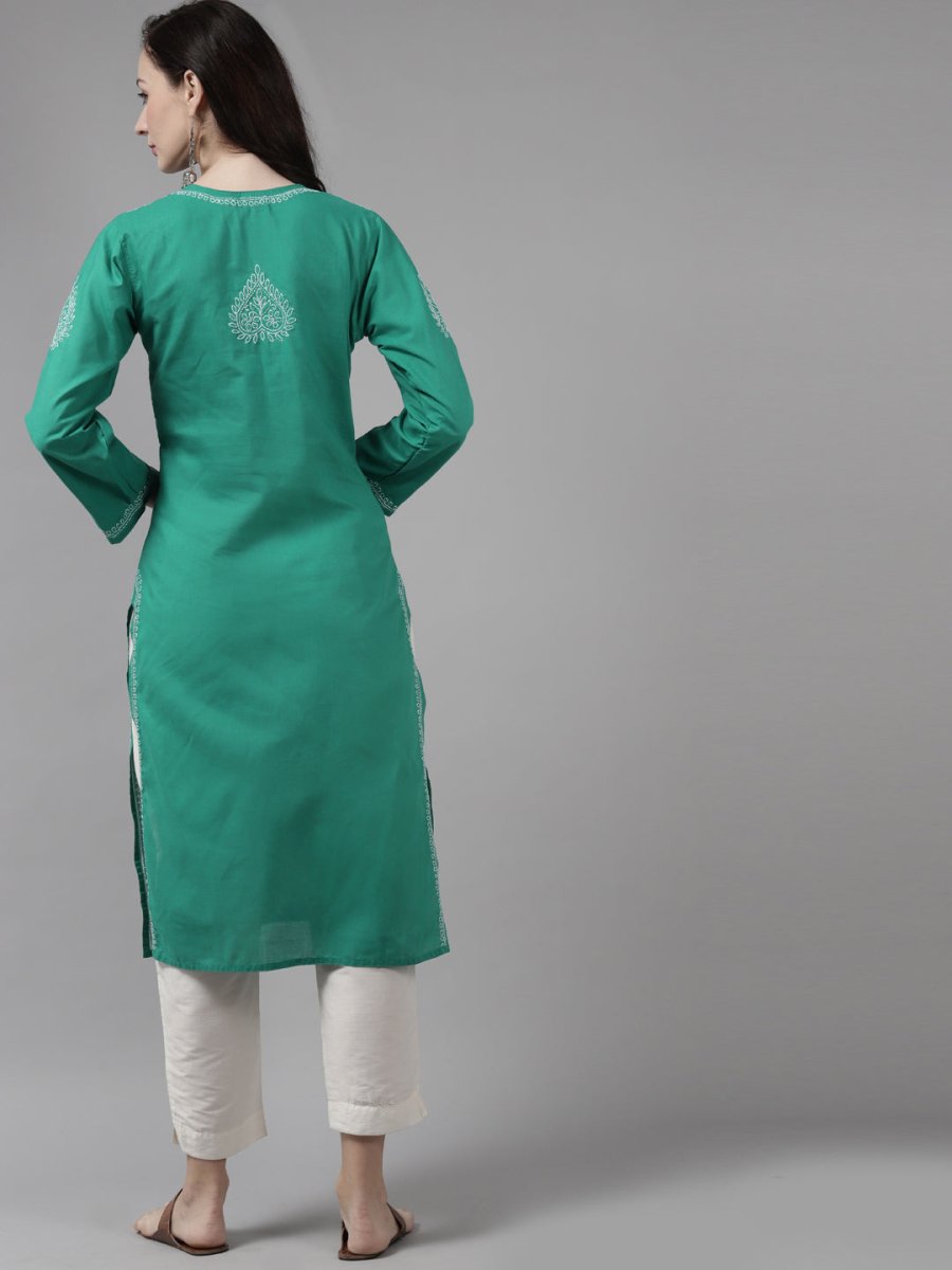 ADA Women Green & White Ethnic Motifs Hand Embroidered Chikankari Handloom Kurta | Grocsy