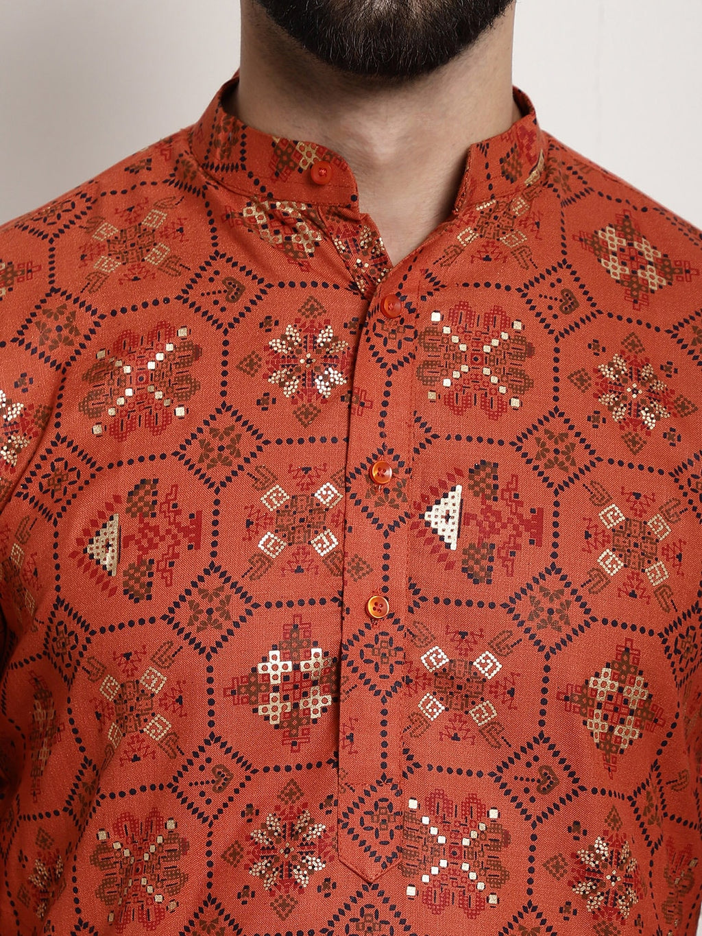 Sojanya Men Orange Printed Cotton Linen Kurta with Churidar | Grocsy