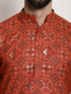 Sojanya Men Orange Printed Cotton Linen Kurta with Churidar | Grocsy
