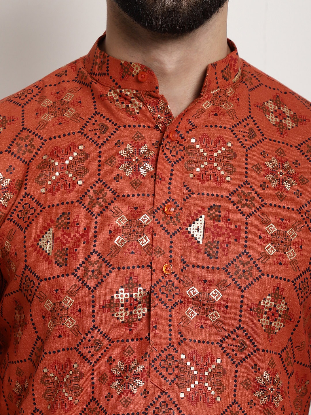 Sojanya Men Orange Printed Cotton Linen Kurta with Churidar | Grocsy