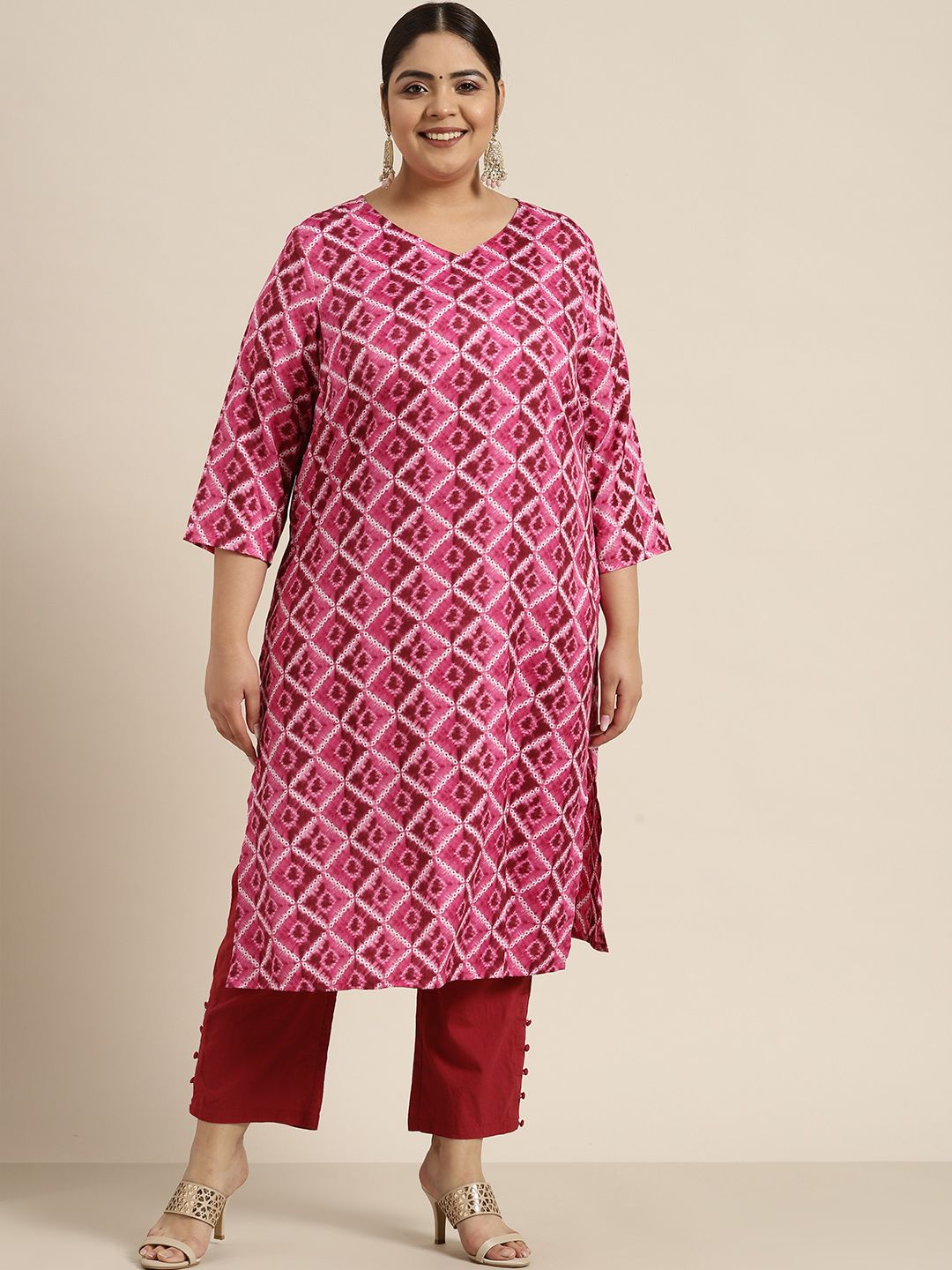 Sztori Women Plus Size Pink & Off White Printed Kurta | Grocsy
