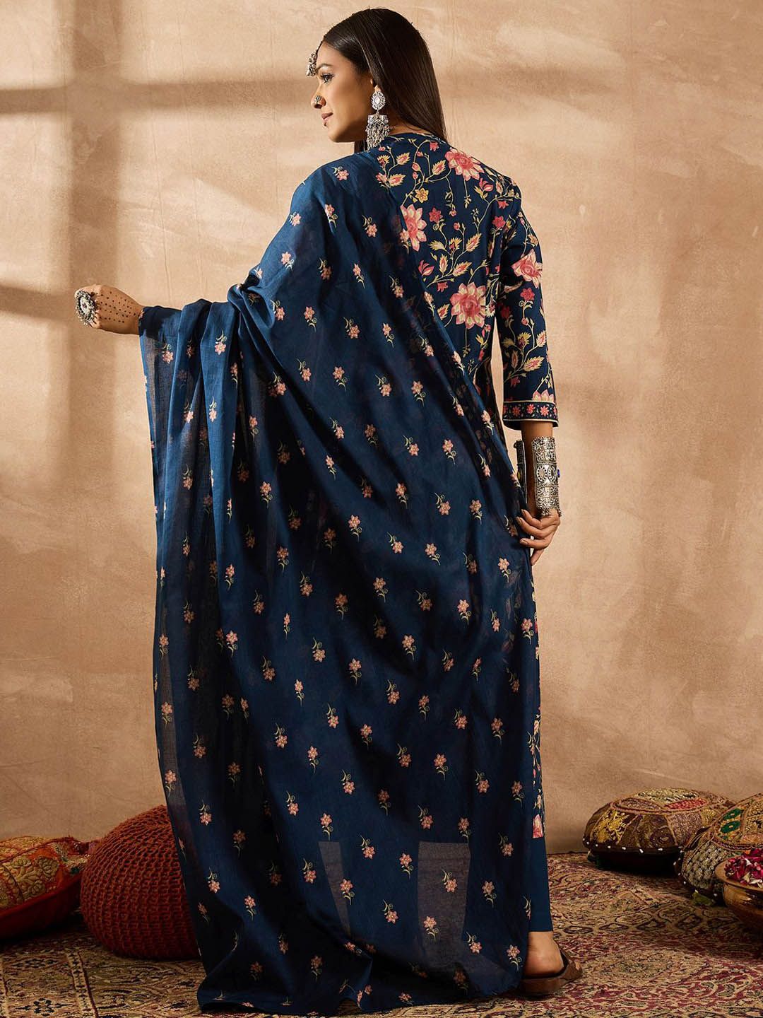 Indo Era Women Floral Printed Angrakha Beads and Stones Pure Cotton Kurta with Trousers & With Dupatta | Grocsy