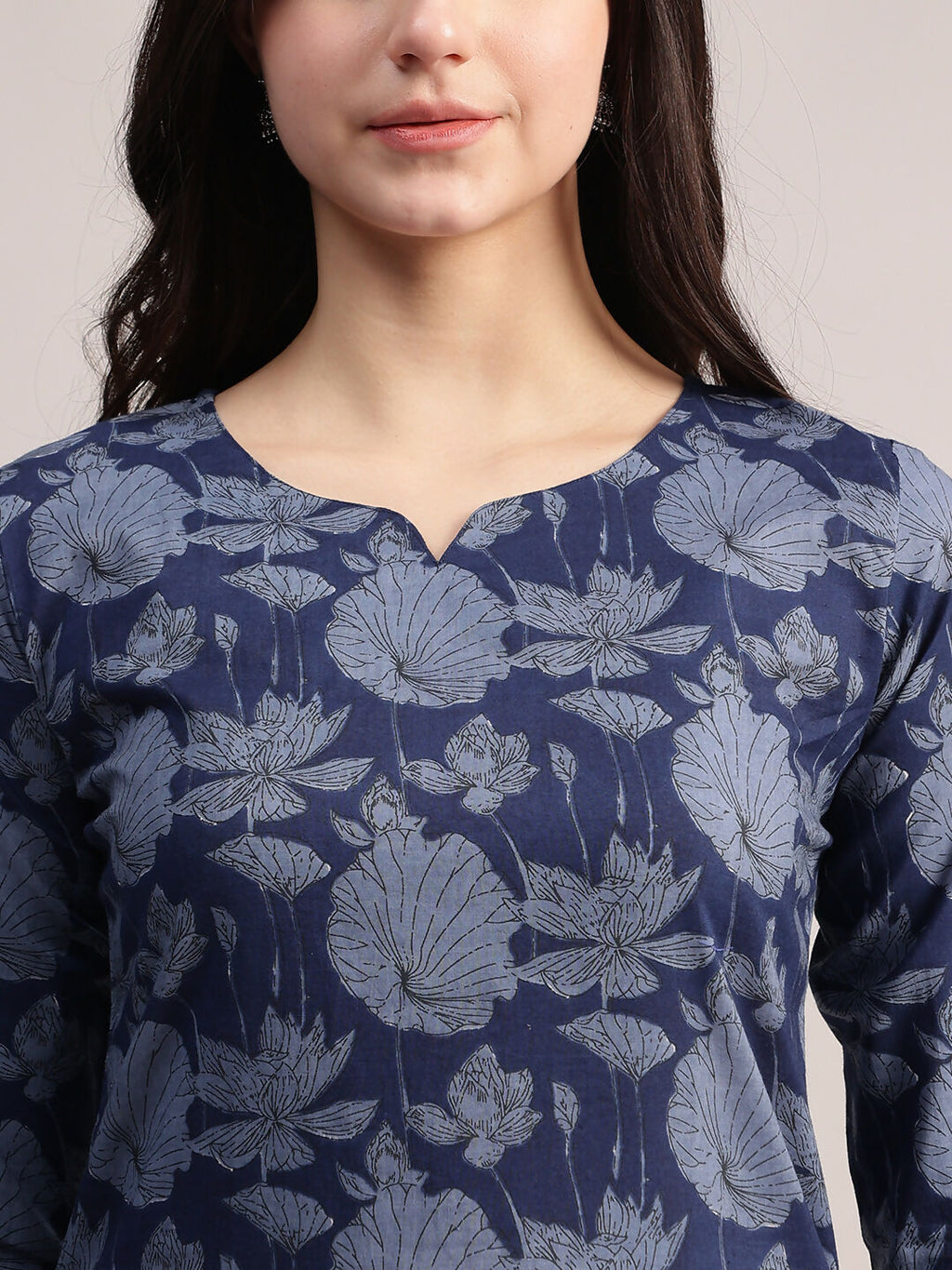 Aavyora Women's Floral Printed Indigo Blue Cotton Straight Kurta With Trouser & Dupatta | Grocsy