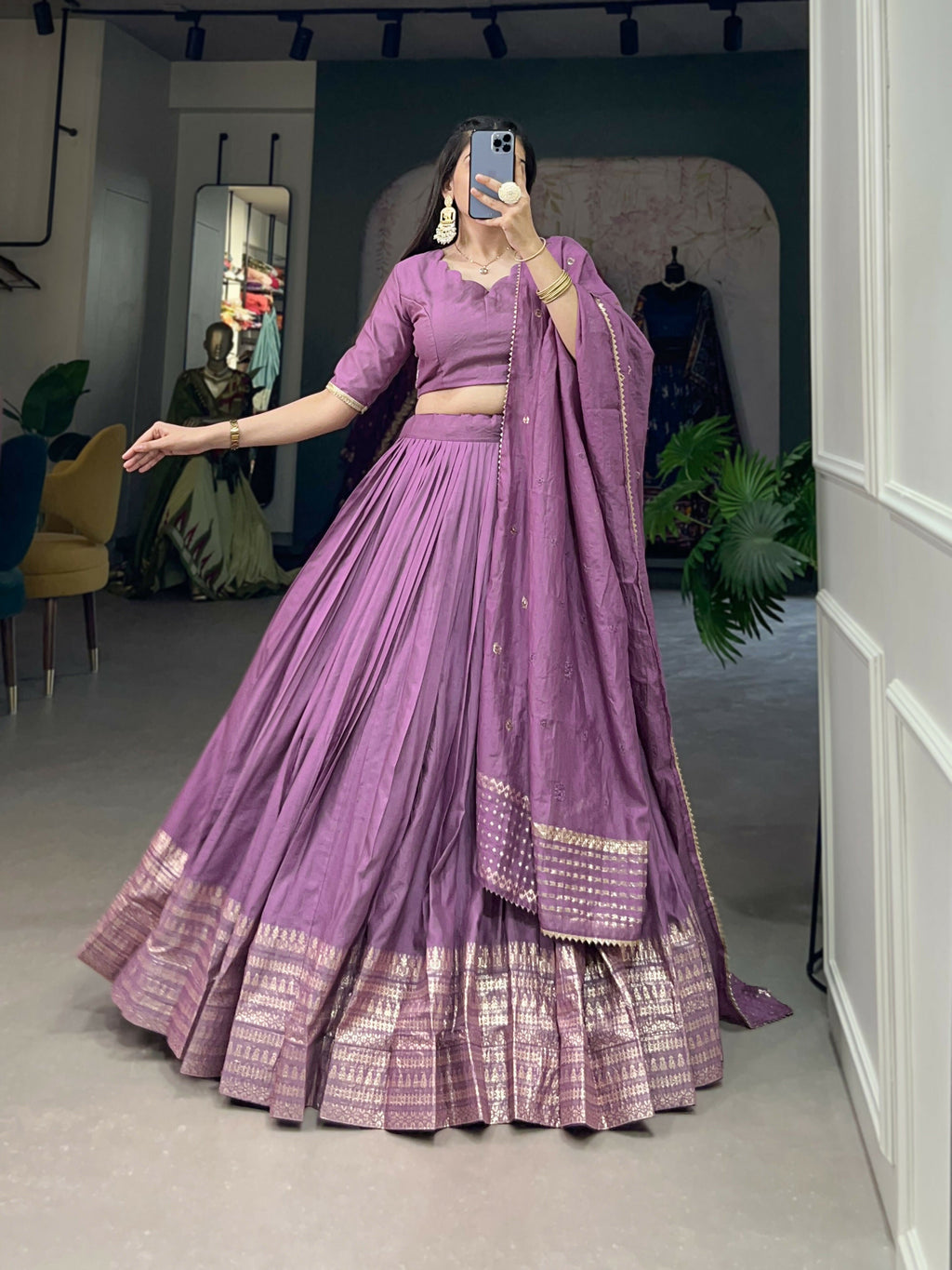Lorenvalley Lavender Pure Chanderi Plain With Zari Weaving Work Border Lehenga Choli | Grocsy