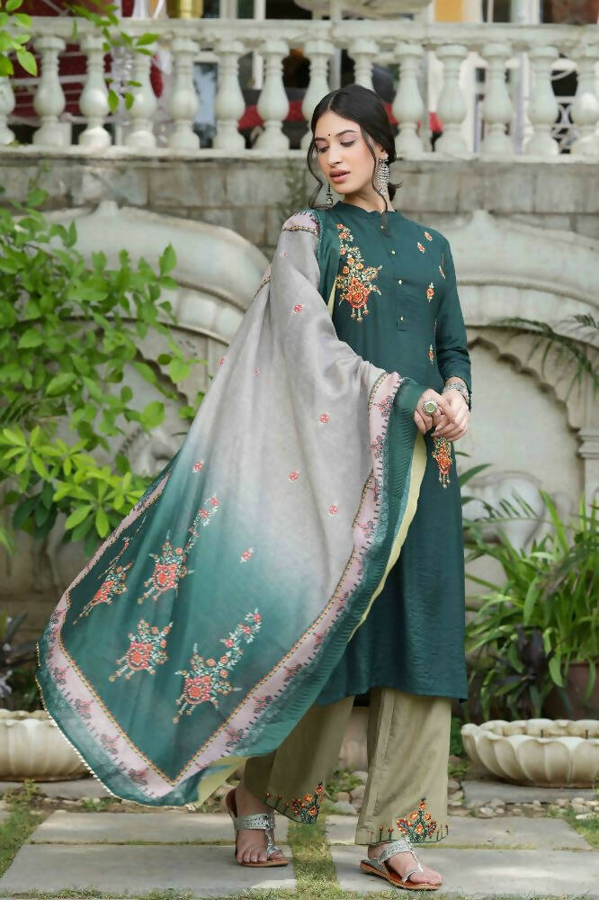 Juniper Bottle Green Mono Viscose Festive Wear Embroidered Straight Kurta Pant Dupatta Set | Grocsy