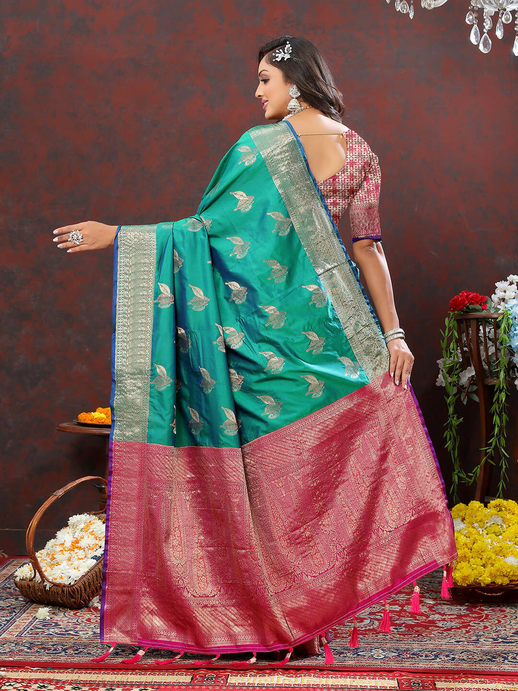 Lorenvalley Fashion Teal Soft Silk Woven Design Zari Weaving Saree | Grocsy