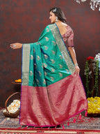 Lorenvalley Fashion Teal Soft Silk Woven Design Zari Weaving Saree | Grocsy