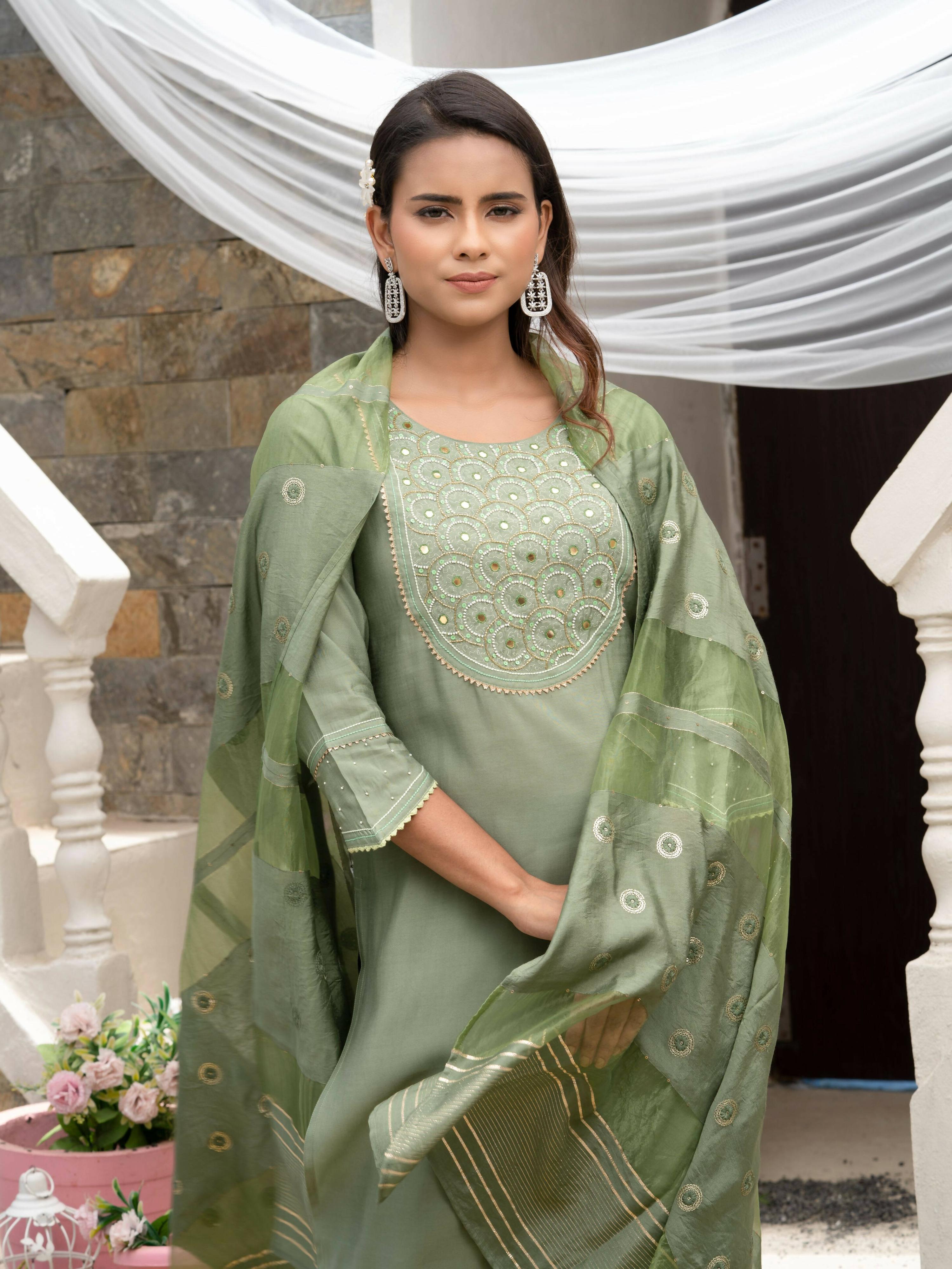 Green Roman Silk Plain Kurta with Pant & Dupatta - Disha | Grocsy
