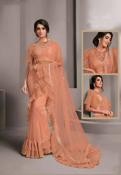 Pink Colored Net Embroidered Saree With Unstitched Blouse - Norita Raissa | Grocsy