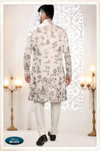 Joban Fashion Men's Cream Straight Malai Silk Thread And Sequence Embroidery All Over 3 Pc Kurta Set | Grocsy