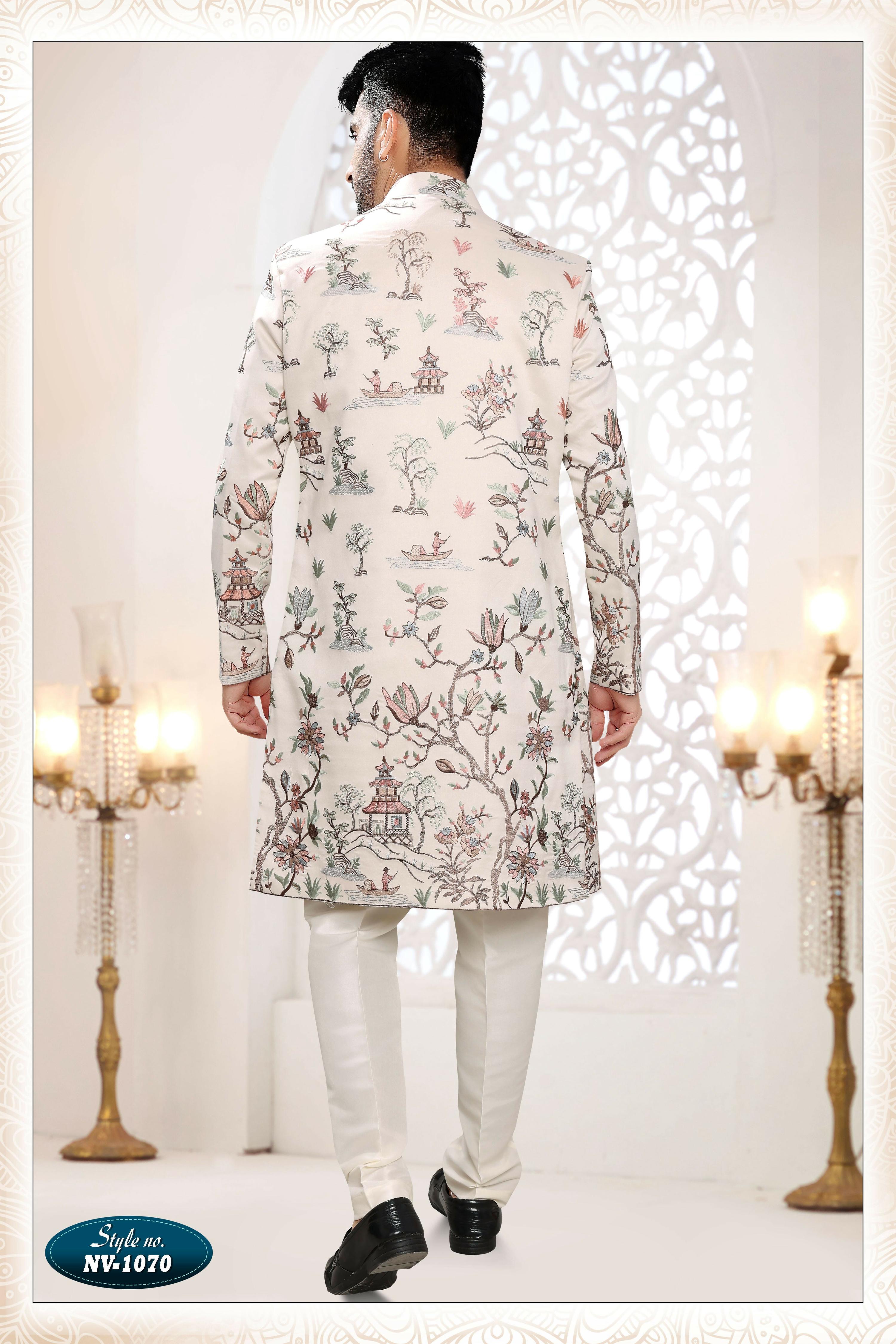 Joban Fashion Men's Cream Straight Malai Silk Thread And Sequence Embroidery All Over 3 Pc Kurta Set | Grocsy