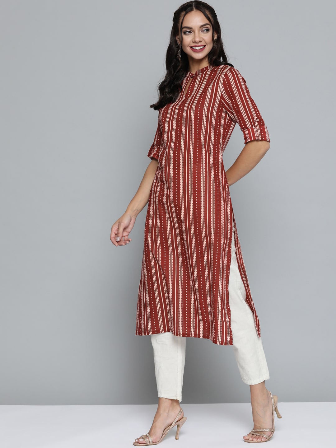 HERE&NOW Women Rust Red & Off-White Pure Cotton Striped Keyhole Neck Straight Kurta | Grocsy