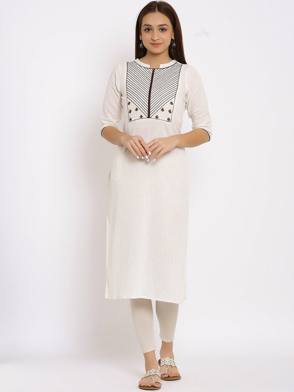 HERE&NOW White & Maroon Geometric Yoke Design Thread Work Straight Kurta | Grocsy