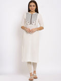 HERE&NOW White & Maroon Geometric Yoke Design Thread Work Straight Kurta | Grocsy