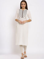 HERE&NOW White & Maroon Geometric Yoke Design Thread Work Straight Kurta | Grocsy