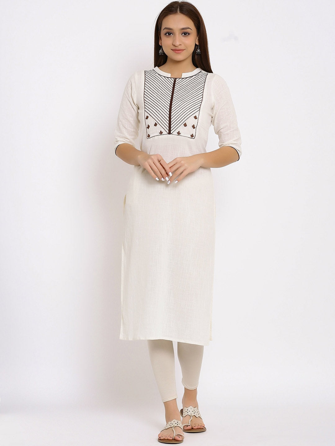 HERE&NOW White & Maroon Geometric Yoke Design Thread Work Straight Kurta | Grocsy