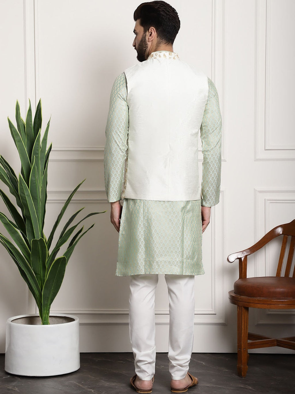Sojanya Woven Design Mandarin Collar Kurta with Churidar & Nehru Jacket | Grocsy