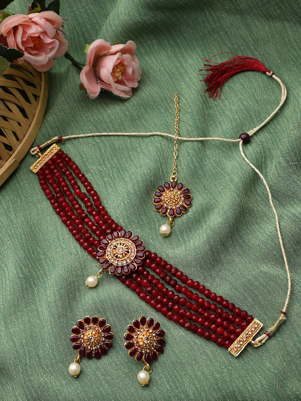 Cardinal Gold-Polished Maroon Onyx-Studded & Beaded Jewellery Set | Grocsy