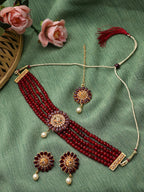 Cardinal Gold-Polished Maroon Onyx-Studded & Beaded Jewellery Set | Grocsy