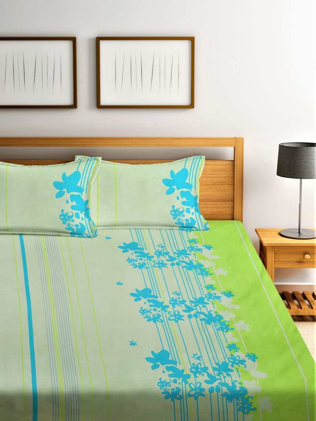 Home Sizzler Green & Blue Floral Cotton 210 TC Queen Bedsheet with 2 Pillow Covers | Grocsy