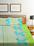 Home Sizzler Green & Blue Floral Cotton 210 TC Queen Bedsheet with 2 Pillow Covers | Grocsy