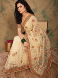 Sangria Yellow Beige Embroidered Net Sarees | Grocsy