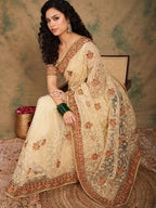 Sangria Yellow Beige Embroidered Net Sarees | Grocsy