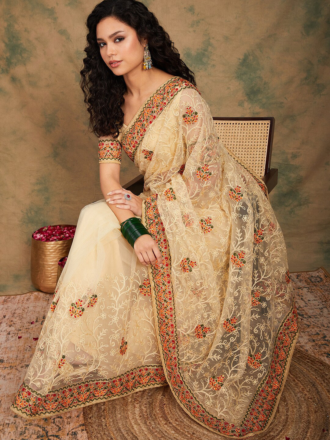 Sangria Yellow Beige Embroidered Net Sarees | Grocsy