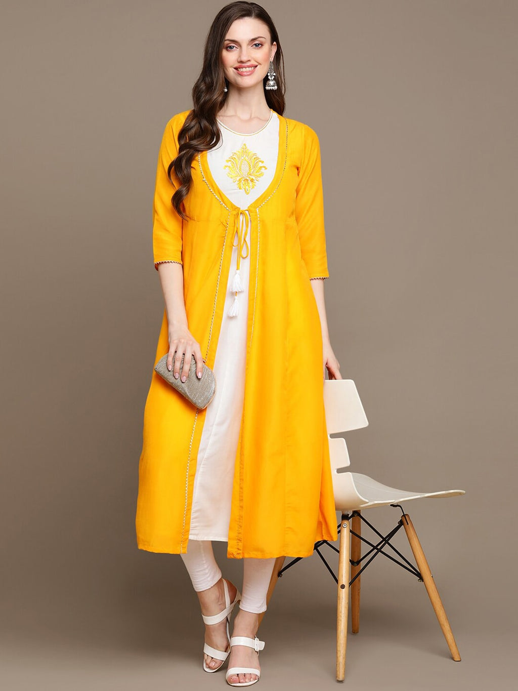 HERE&NOW Round Neck Embroidered Yoke Design Gotta Patti Layered Pure Cotton A-Line Kurta | Grocsy