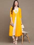 HERE&NOW Round Neck Embroidered Yoke Design Gotta Patti Layered Pure Cotton A-Line Kurta | Grocsy