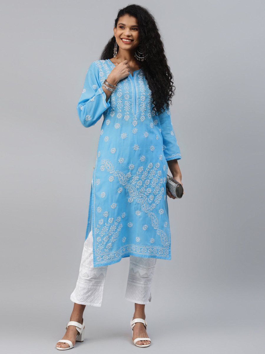 ADA Women Blue & White Ethnic Motifs Hand Embroidered Chikankari Handloom Kurta | Grocsy