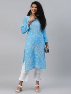 ADA Women Blue & White Ethnic Motifs Hand Embroidered Chikankari Handloom Kurta | Grocsy