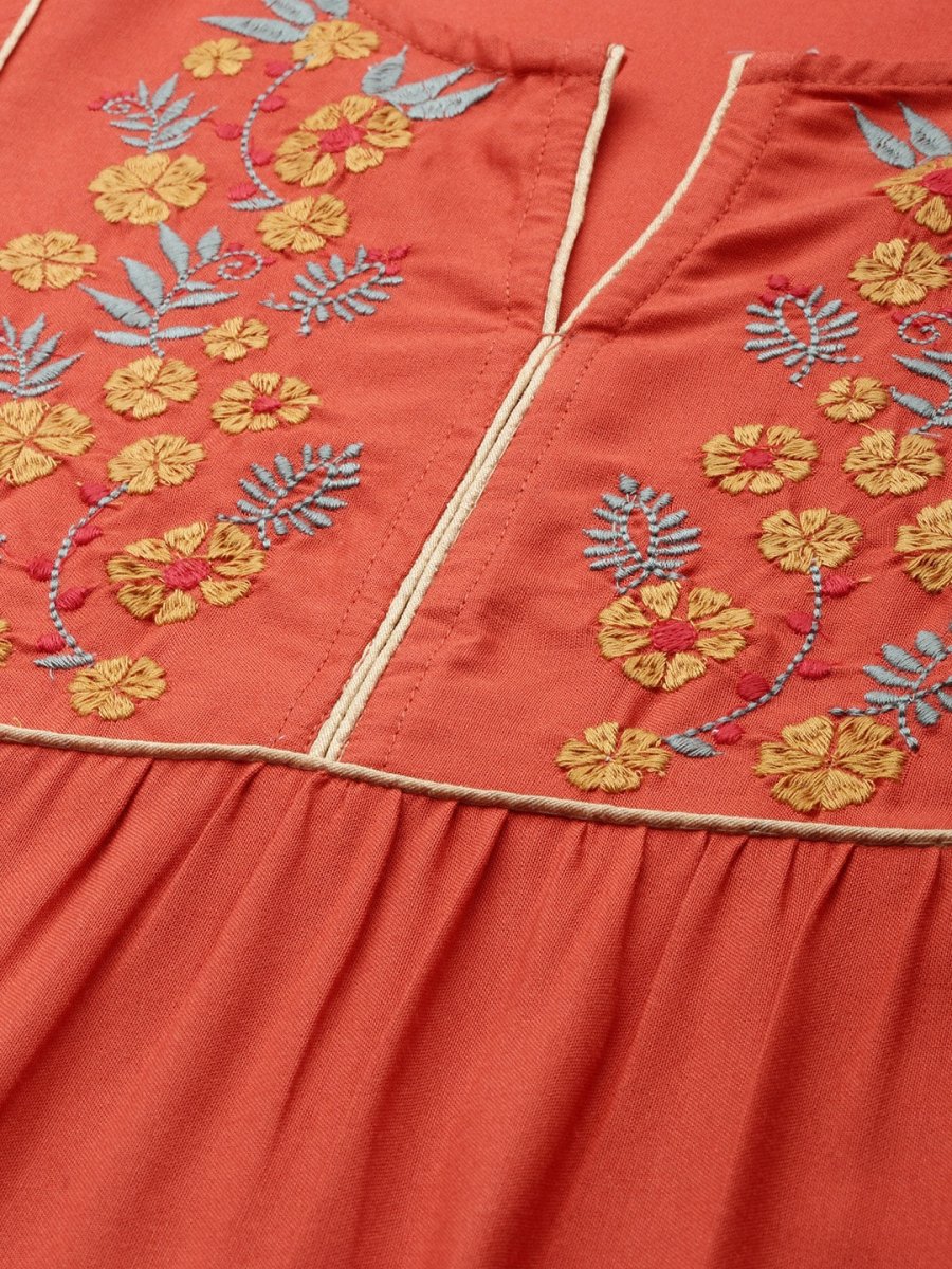 All About You Women Rust Orange Floral Yoke Design Embroidered Thread Work Straight Kurta | Grocsy