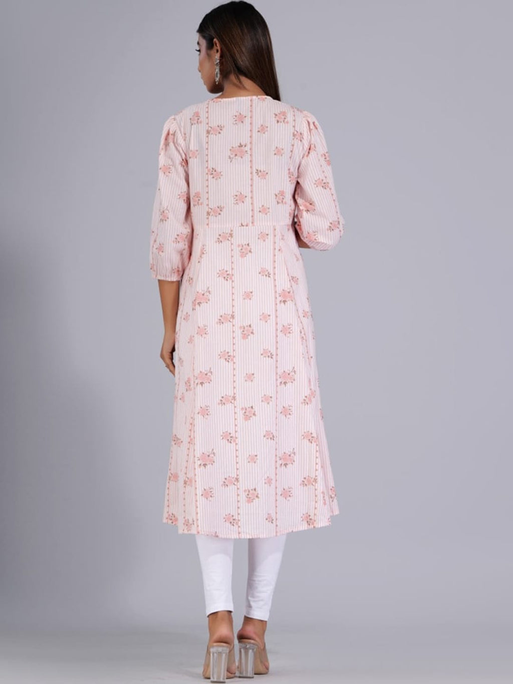HERE&NOW Peach & White Floral Printed Tie-Up Neck Cotton A-Line Kurta | Grocsy