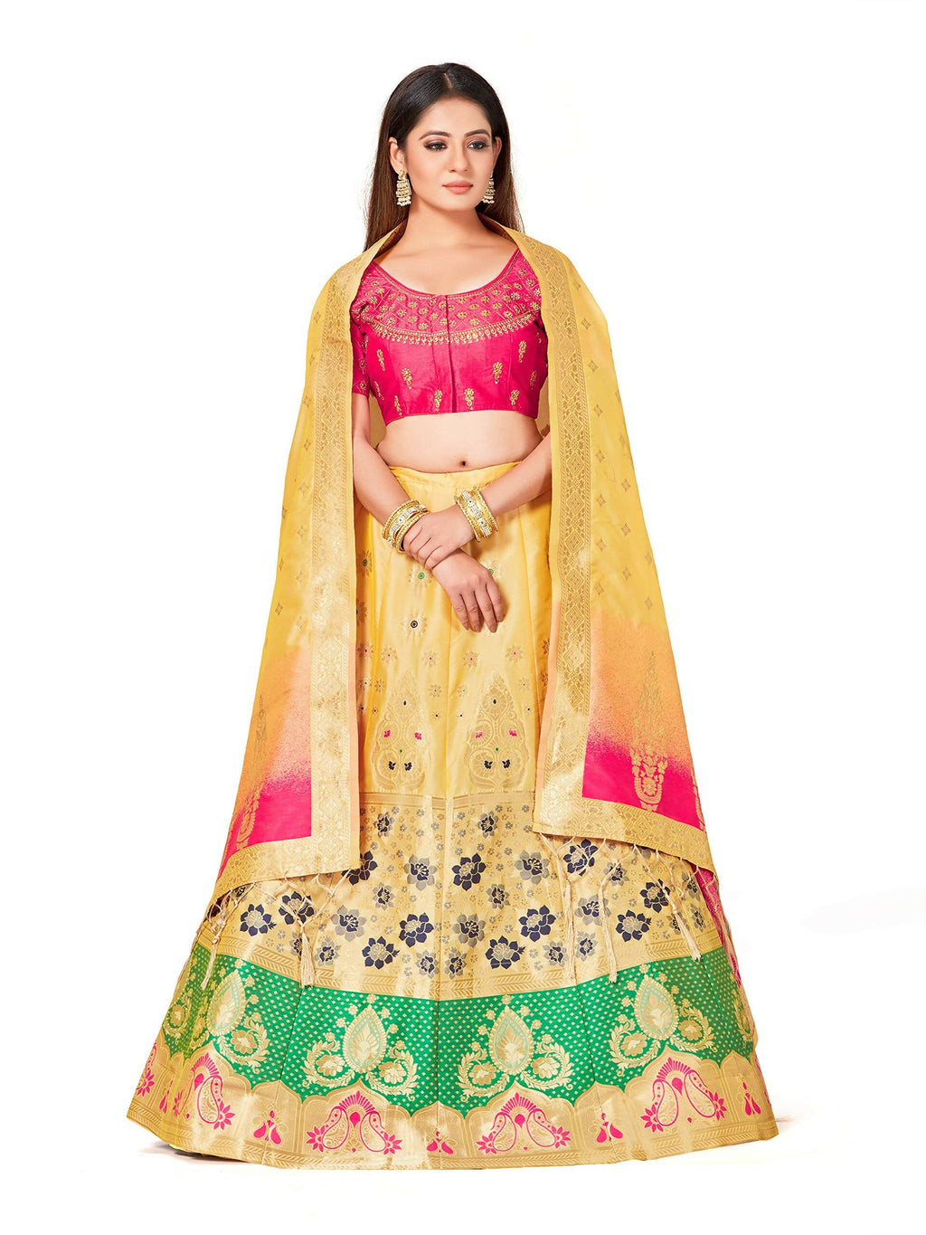 Mimosa Women's Semi-Stitched Art Silk Yellow Lehenga Choli with Dupatta | Grocsy