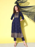 Sangria Floral Yoke Design Pleated Chanderi Silk Kurta with Trousers & With Dupatta | Grocsy