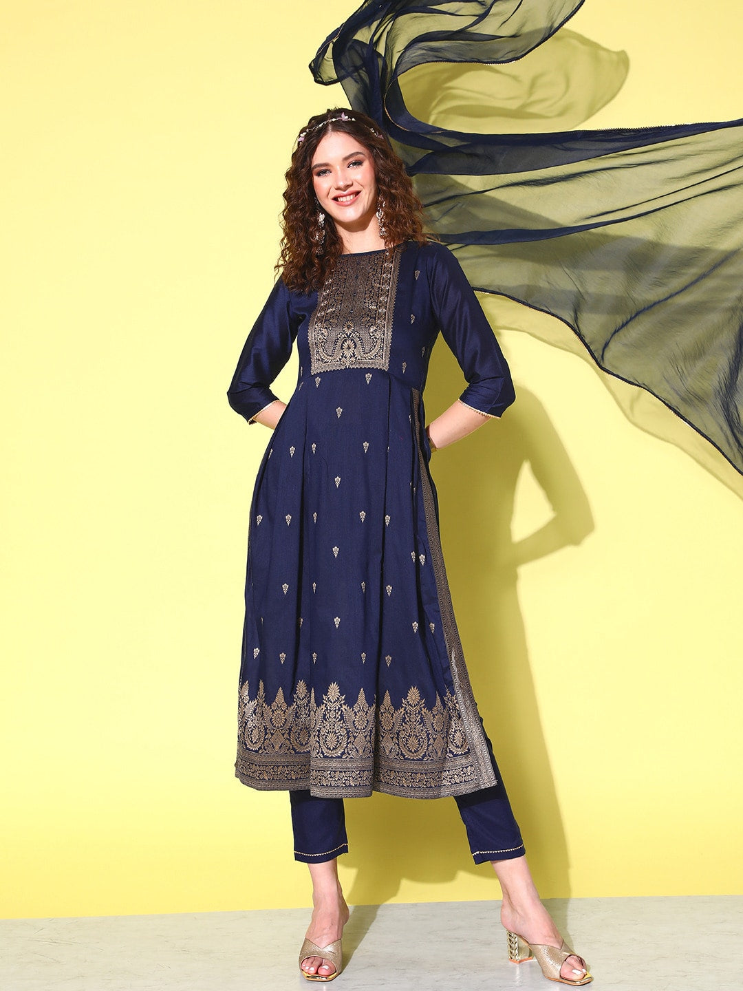Sangria Floral Yoke Design Pleated Chanderi Silk Kurta with Trousers & With Dupatta | Grocsy