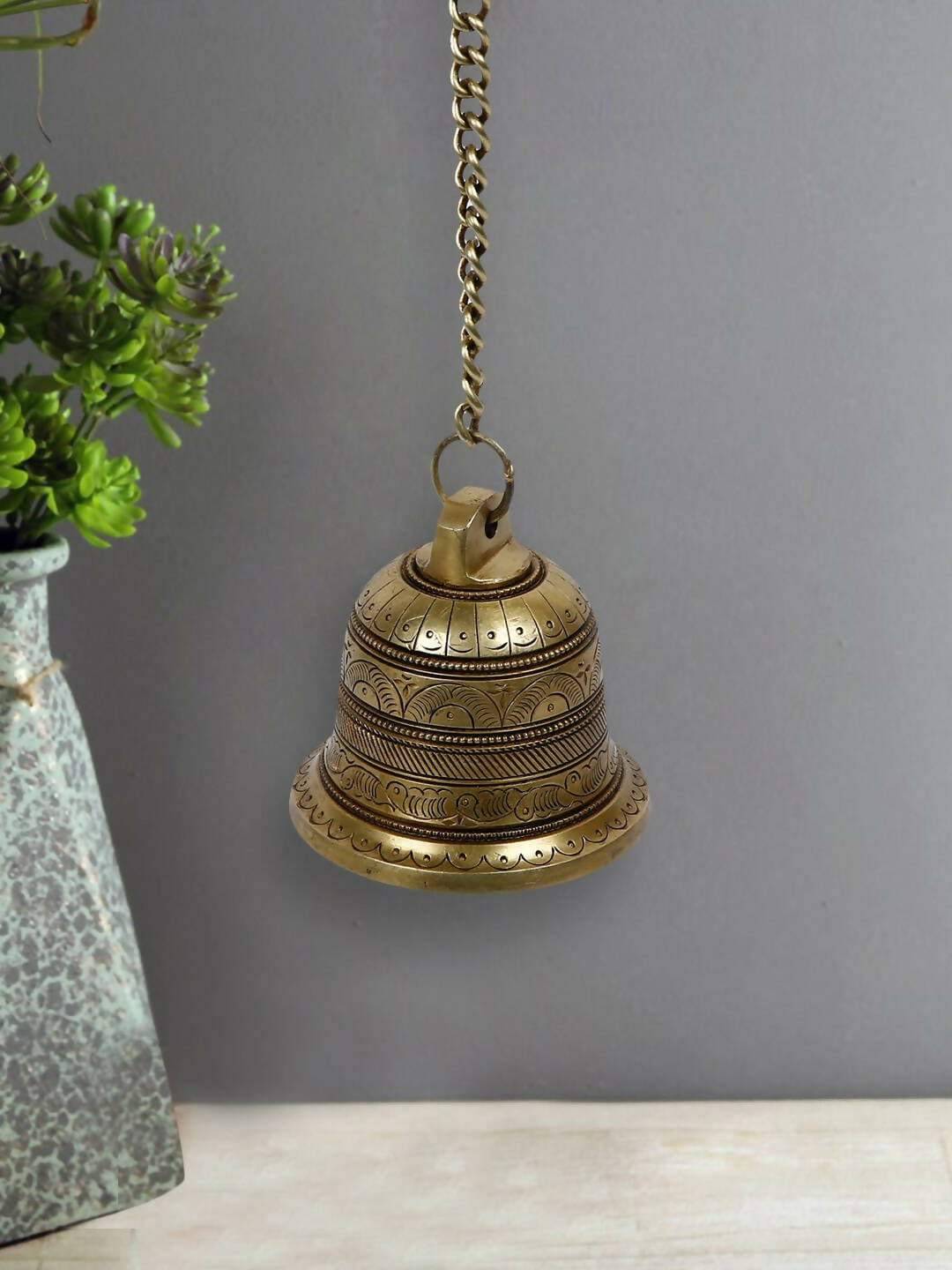 CraftVatika Gold-Toned Brass Hanging Bell with Attached Chain & Hook | Grocsy
