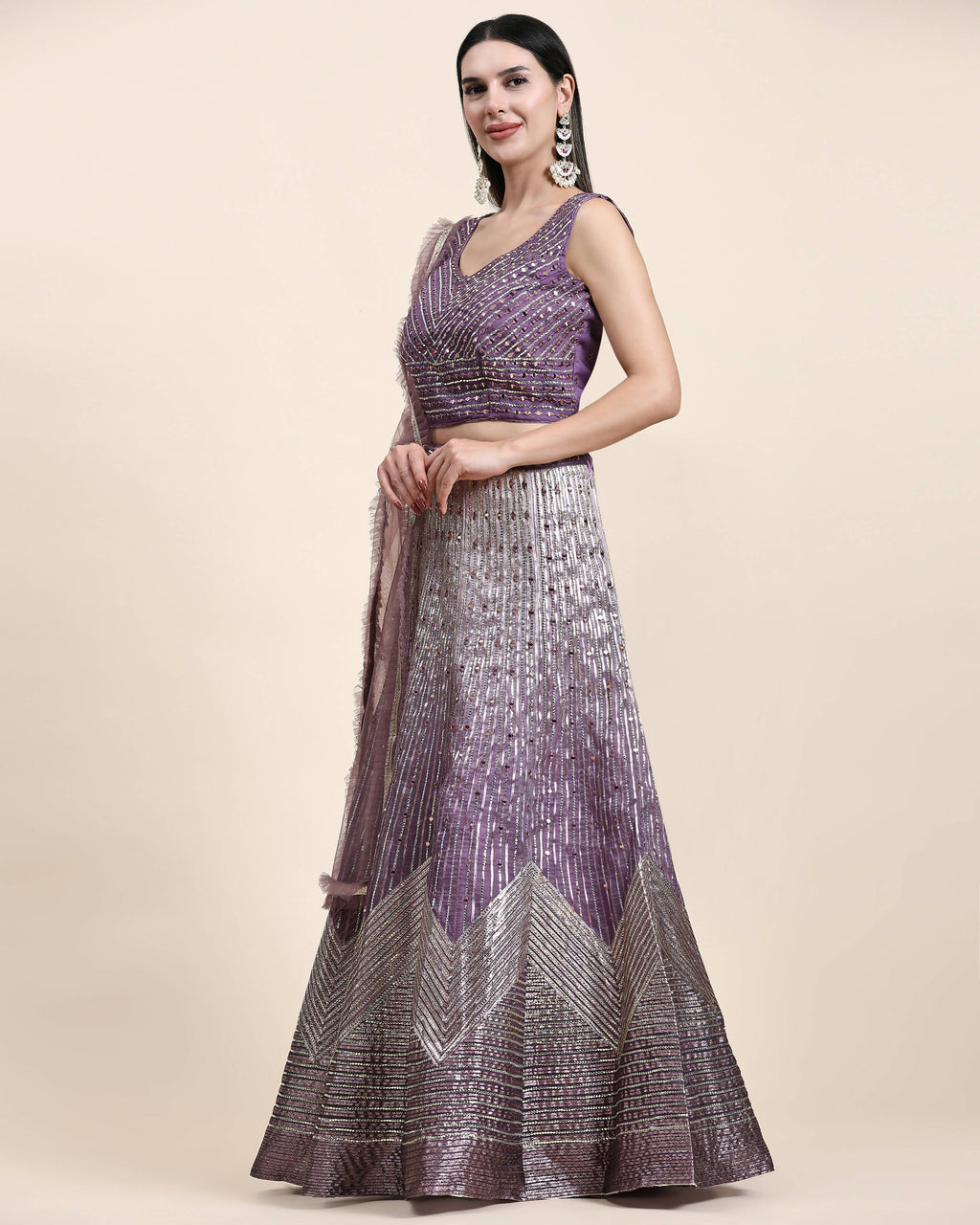 Lavender Organza Mirror With Coding Work Lehenga Choli with Dupatta - Tanya | Grocsy