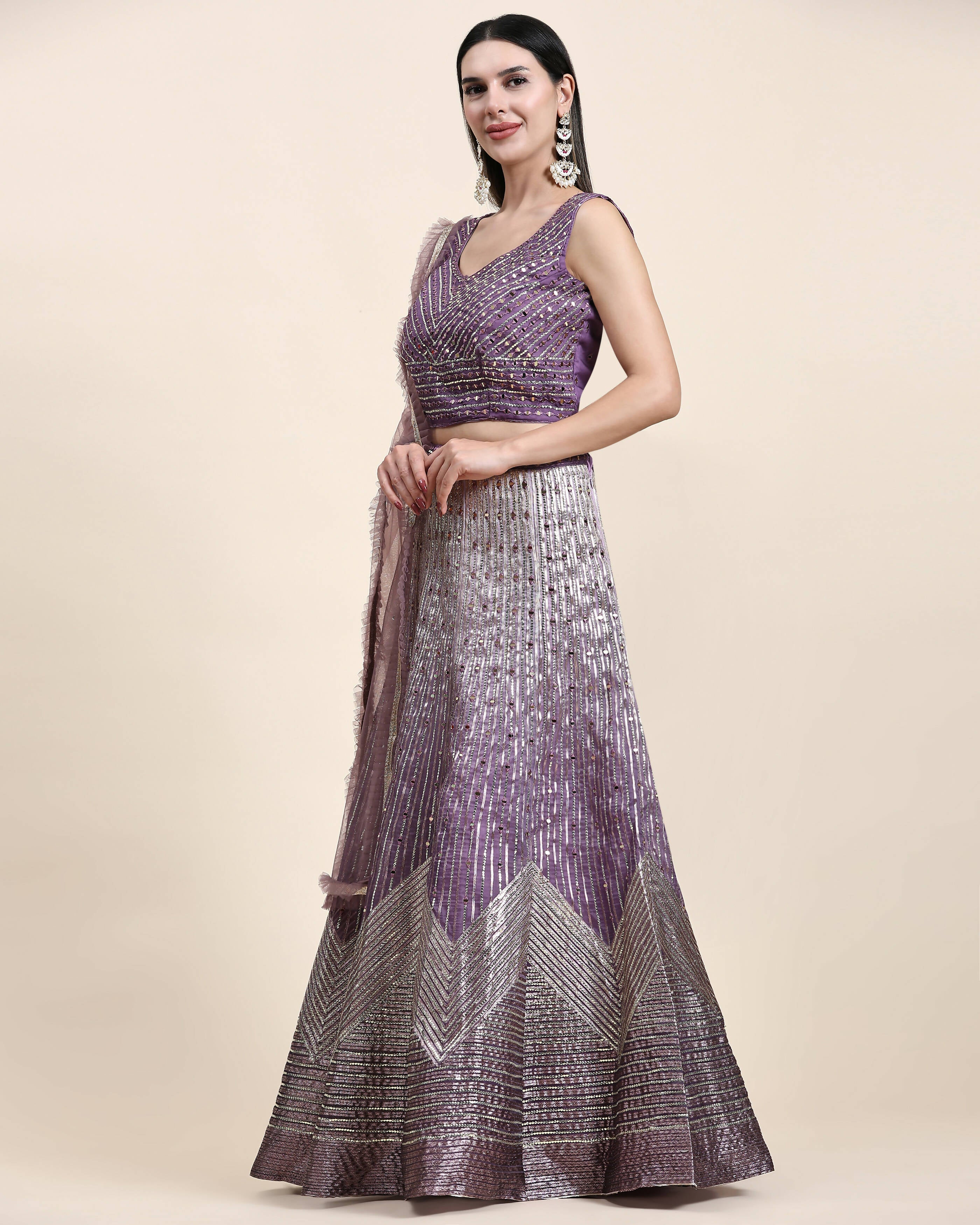 Lavender Organza Mirror With Coding Work Lehenga Choli with Dupatta - Tanya | Grocsy