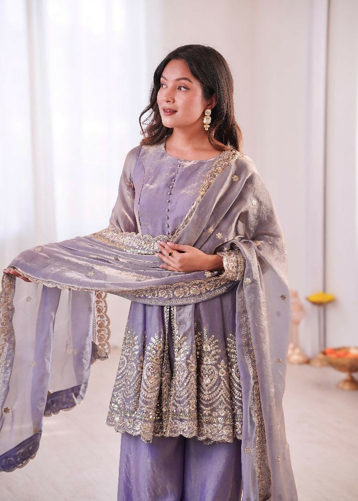 Teeya Creation Lavender Color Fendy Satin Silk Embroidery Work Party Wear Salwar Suit | Grocsy