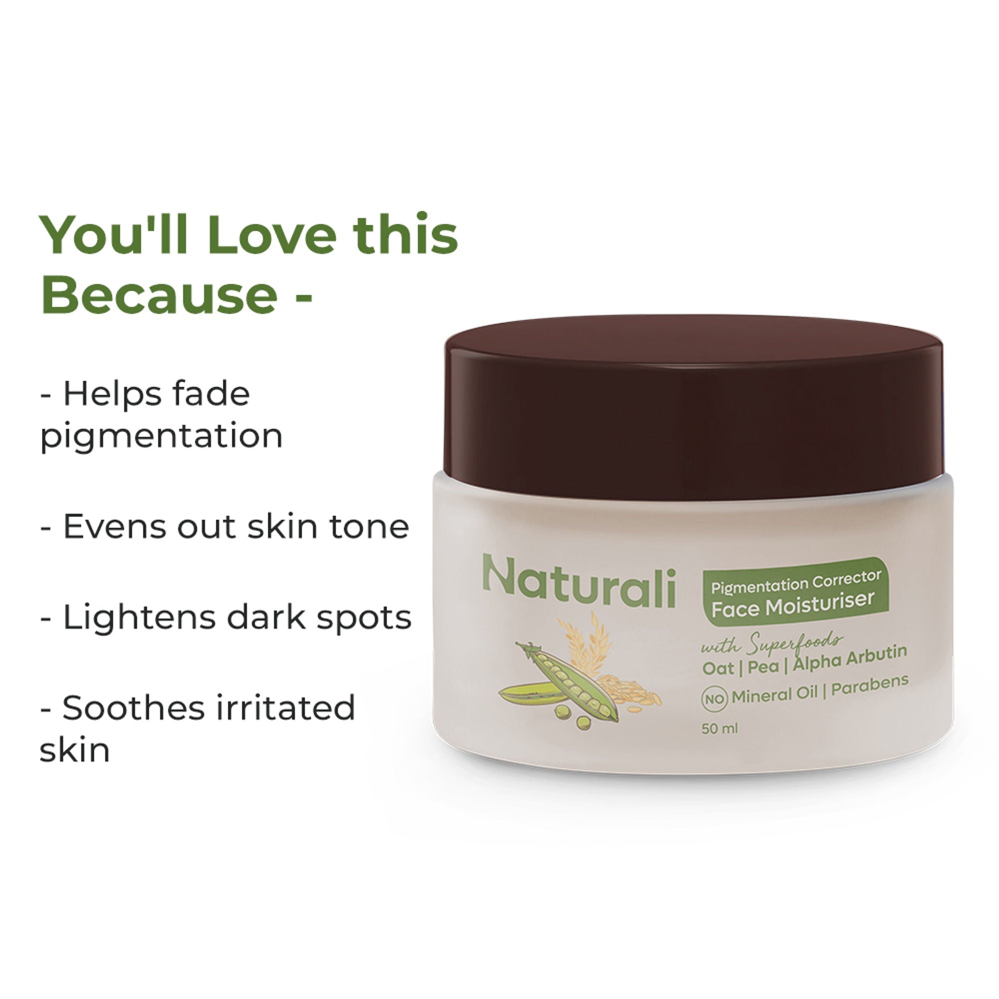 Naturali Pigmentation Corrector Moisturiser with Superfoods Oat, Pea & Alpha Arbutin | Grocsy
