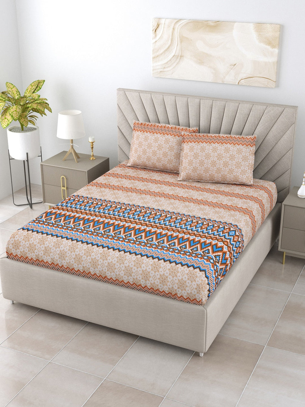 BOMBAY DYEING Brown & Blue Ethnic Motifs Cotton 250 TC King Bedsheet With 2 Pillow Covers | Grocsy