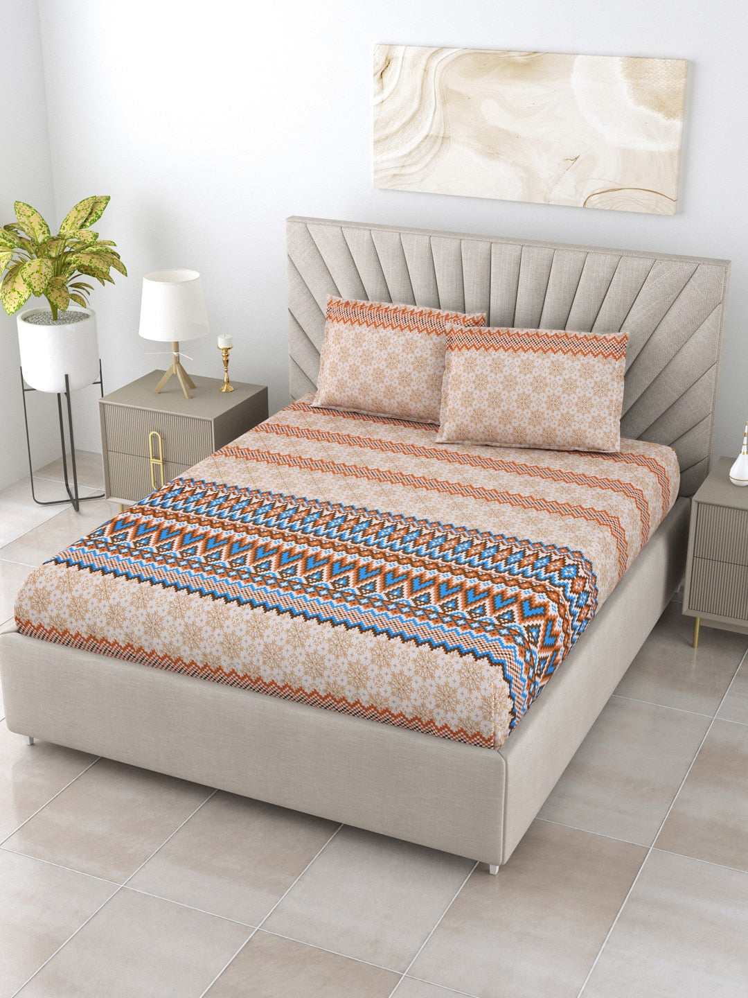 BOMBAY DYEING Brown & Blue Ethnic Motifs Cotton 250 TC King Bedsheet With 2 Pillow Covers | Grocsy