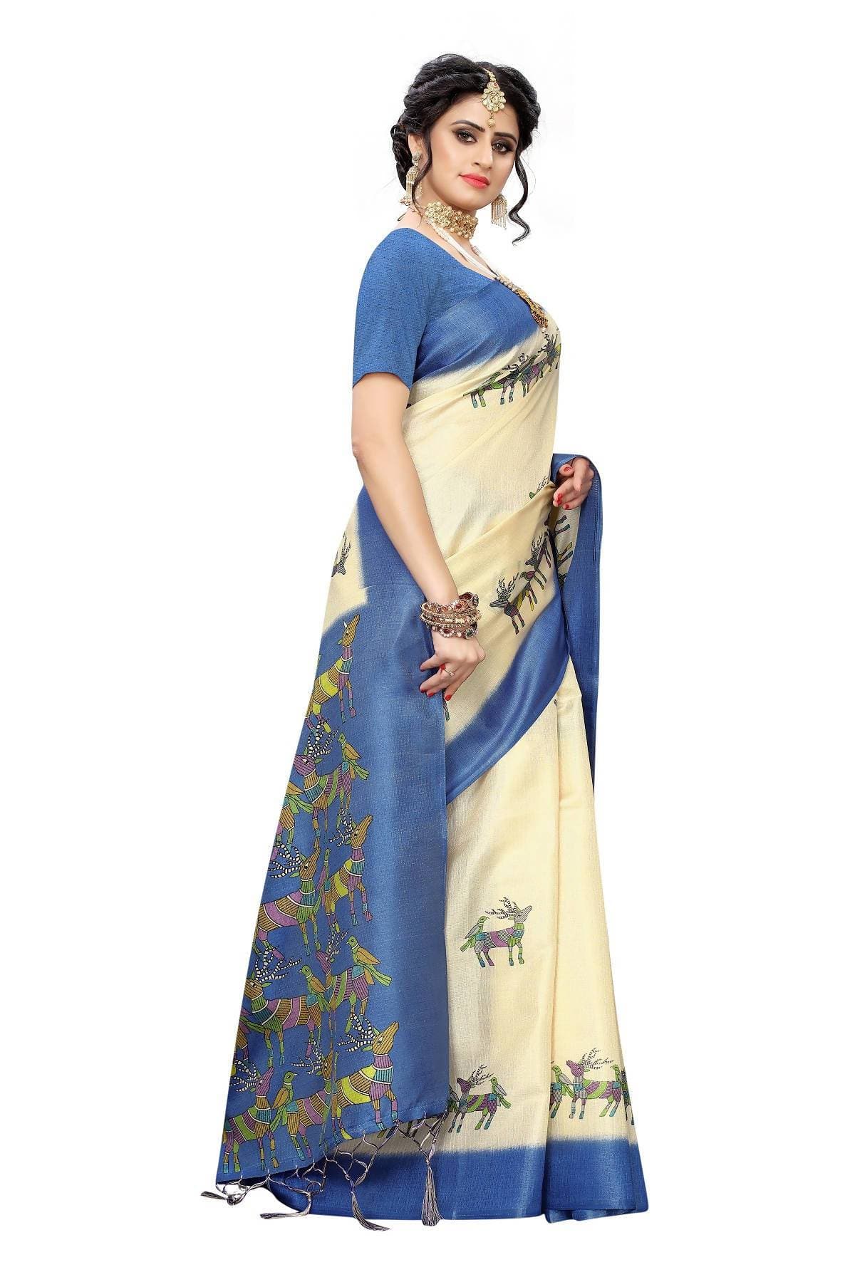 Vamika Multicolor & Blue Kalamkari With Jhalar Khadi Silk Saree | Grocsy