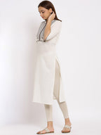 HERE&NOW White & Maroon Geometric Yoke Design Thread Work Straight Kurta | Grocsy