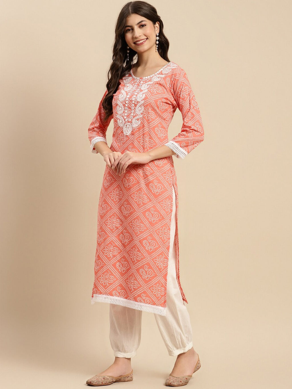 Sangria Orange & White Bandhani Printed Pure Cotton Kurta With Trouser & Dupatta | Grocsy