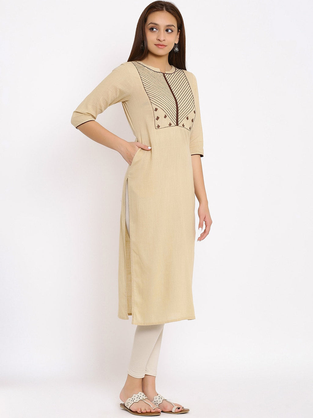 HERE&NOW Beige Geometric Yoke Design Thread Work Kurta | Grocsy