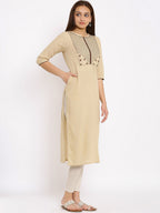 HERE&NOW Beige Geometric Yoke Design Thread Work Kurta | Grocsy